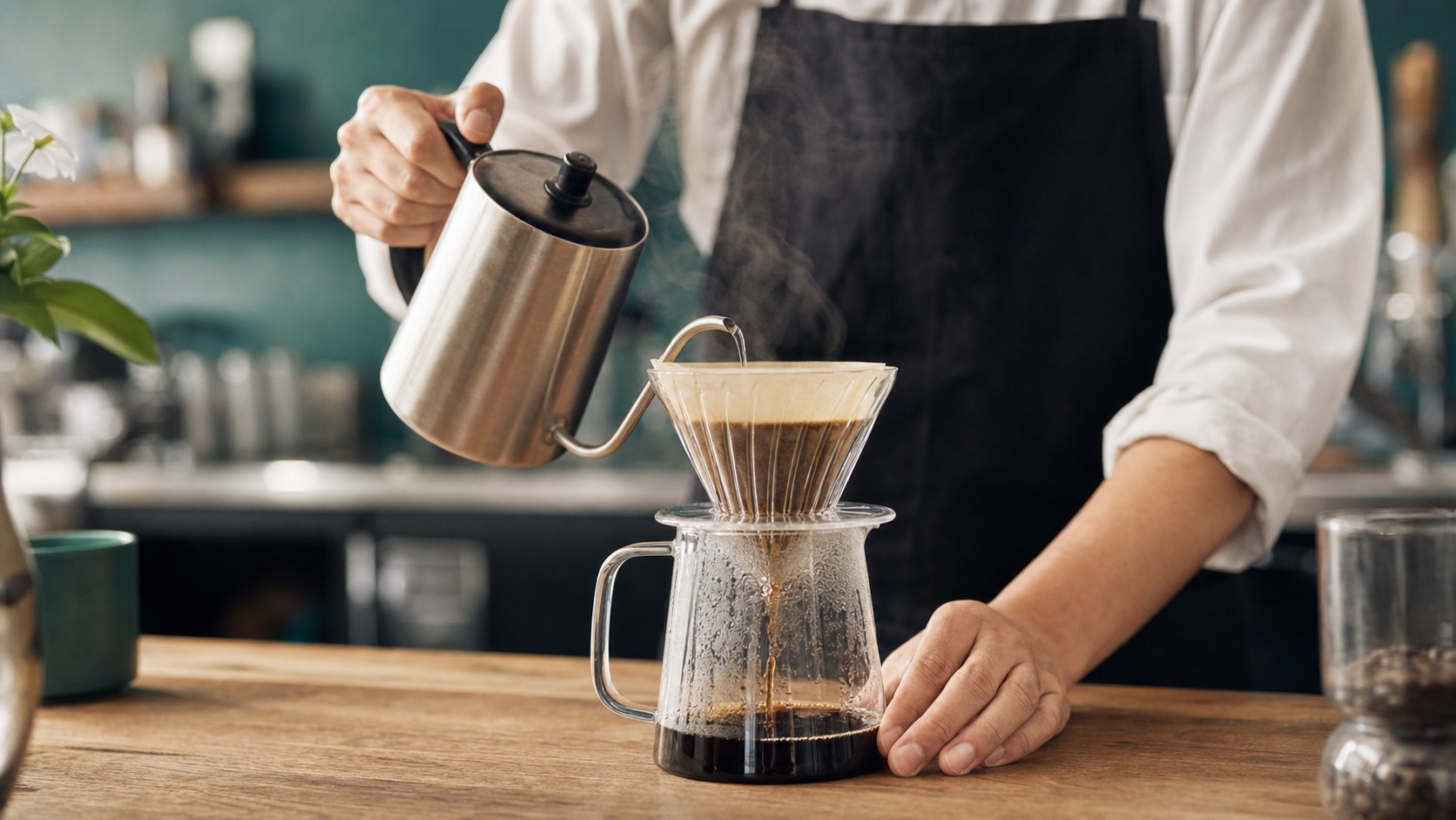 バリスタがハンドドリップでコーヒーを淹れている様子