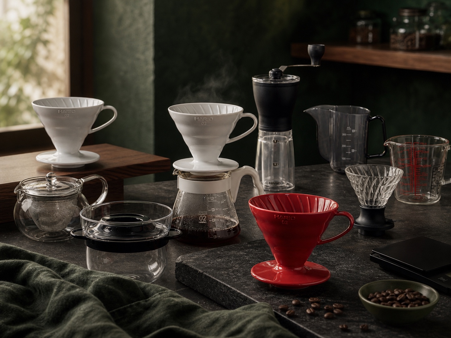 HARIOのコーヒー器具が並ぶシーン